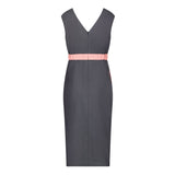 Denim Illusion wrap dress with Pink and white spot contrast fabric, back view