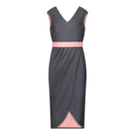 Denim Illusion wrap dress with Pink and white spot contrast fabric, front view