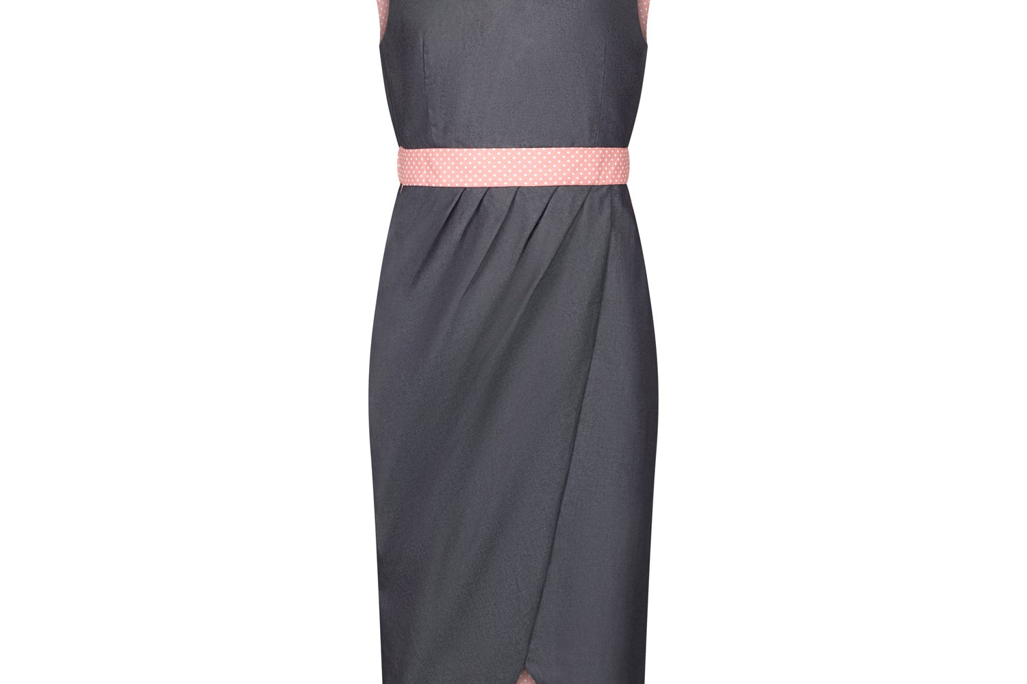 Denim Illusion wrap dress with Pink and white spot contrast fabric, front view