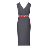 Denim Illusion wrap dress with Red and White Spot contrast fabric, back view