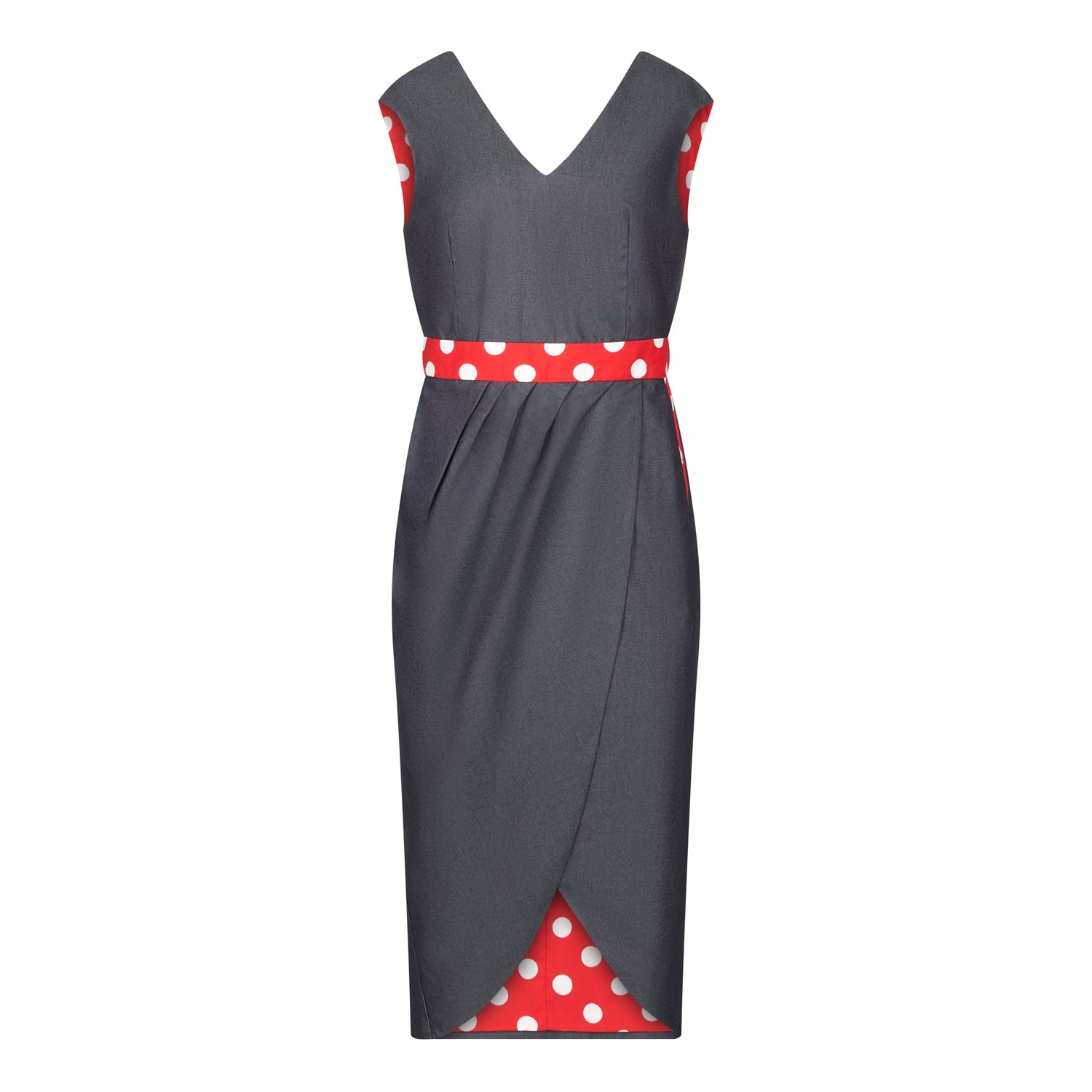 Denim Illusion wrap dress with Red and White Spot contrast fabric, front view