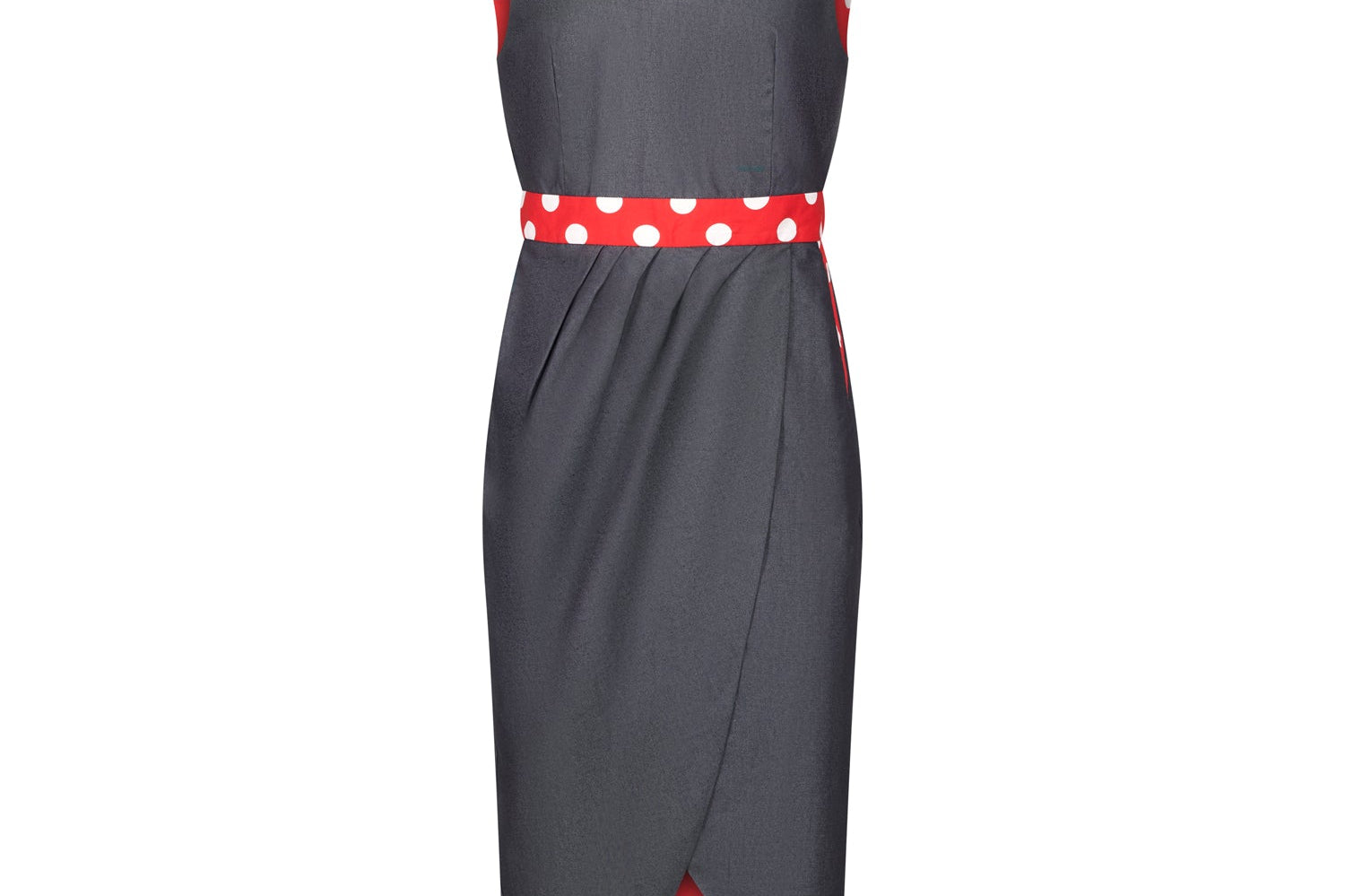 Denim Illusion wrap dress with Red and White Spot contrast fabric, front view