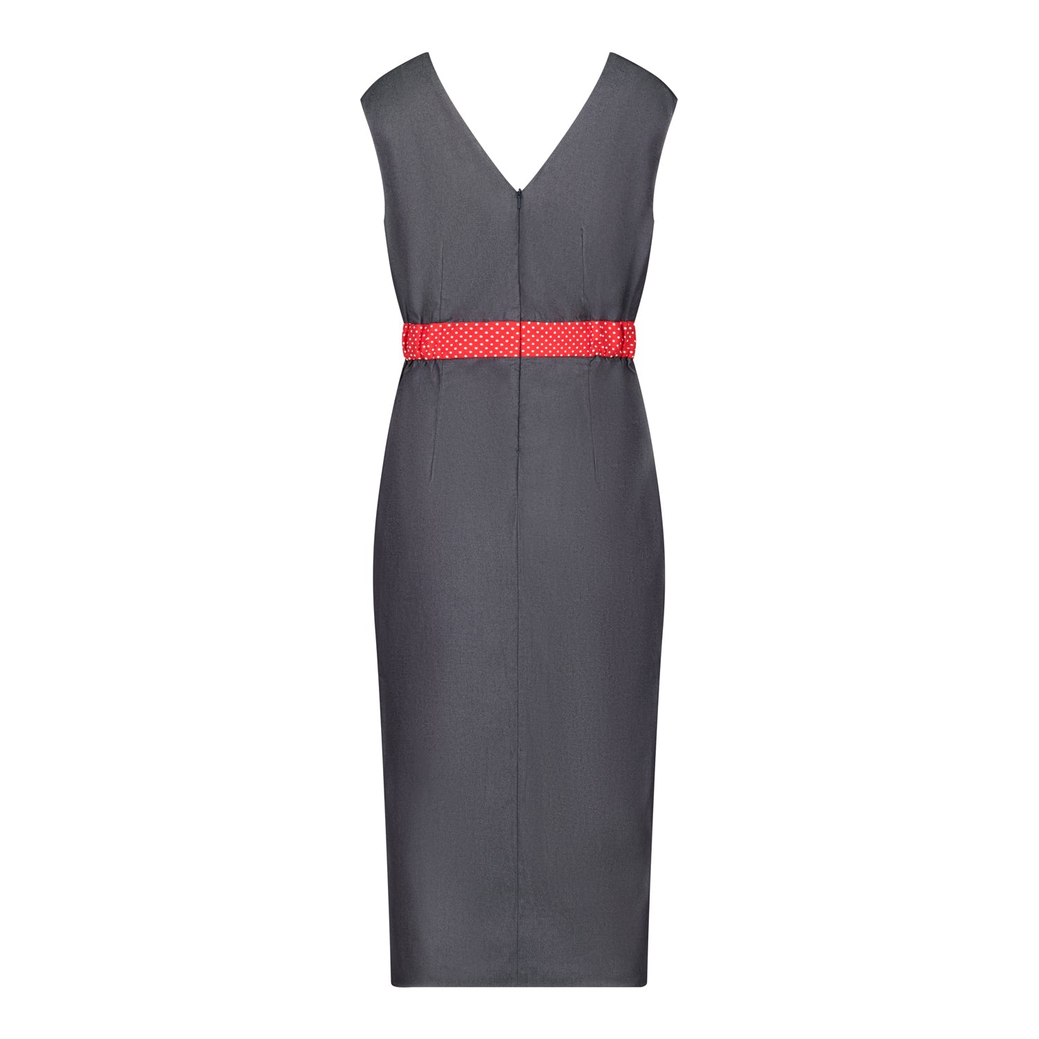 Denim Illusion wrap dress with Red Pin Spot contrast fabric, back view