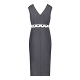 Denim Illusion wrap dress with White and Black Spot contrast fabric, back view