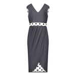 Denim Illusion wrap dress with White and Black Spot contrast fabric, front view