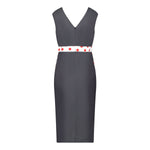 Denim Illusion wrap dress with White and Red Spot contrast fabric, back view