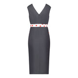Denim Illusion wrap dress with White and Red Spot contrast fabric, back view