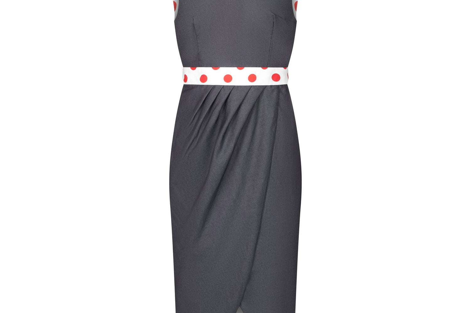 Denim Illusion wrap dress with White and Red Spot contrast fabric, front view