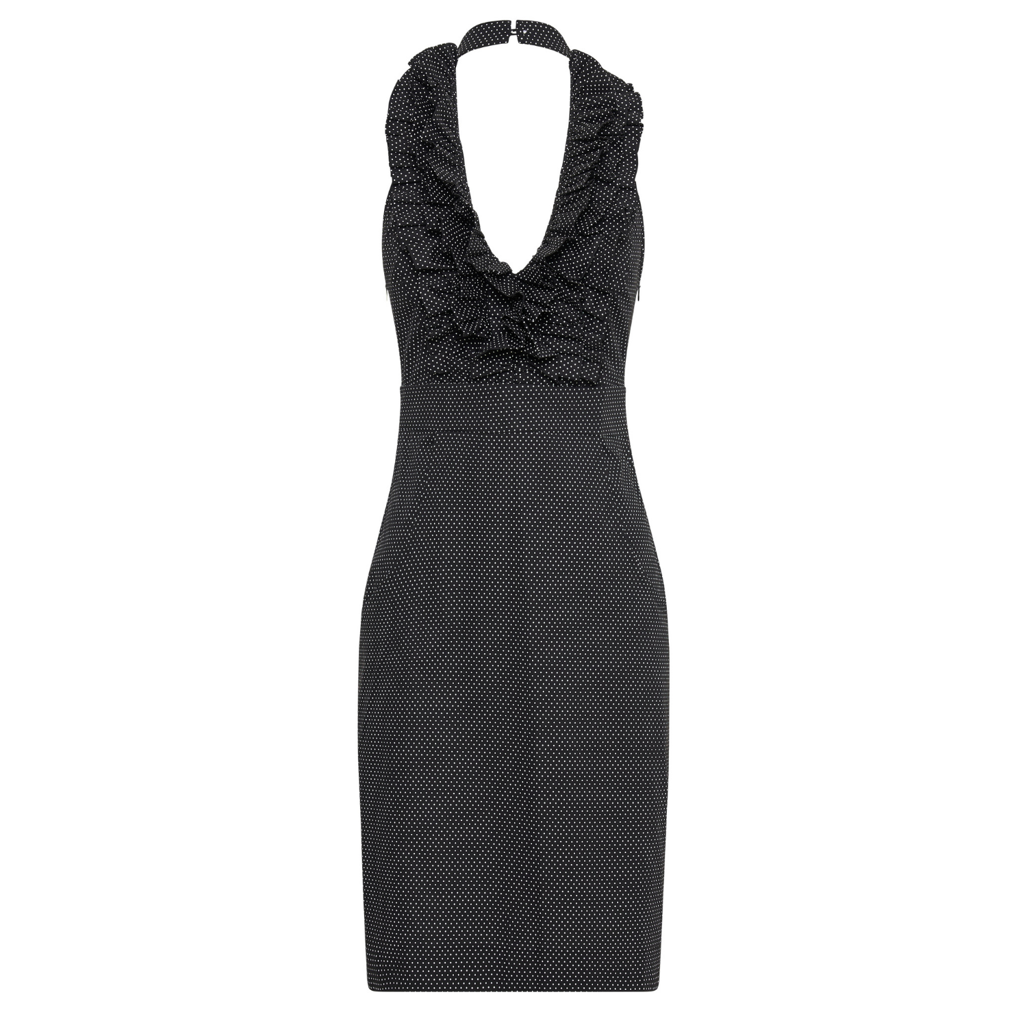 Betsy Beauty Frill Neck Halter Dress in Black Pin Spot โ Deer You