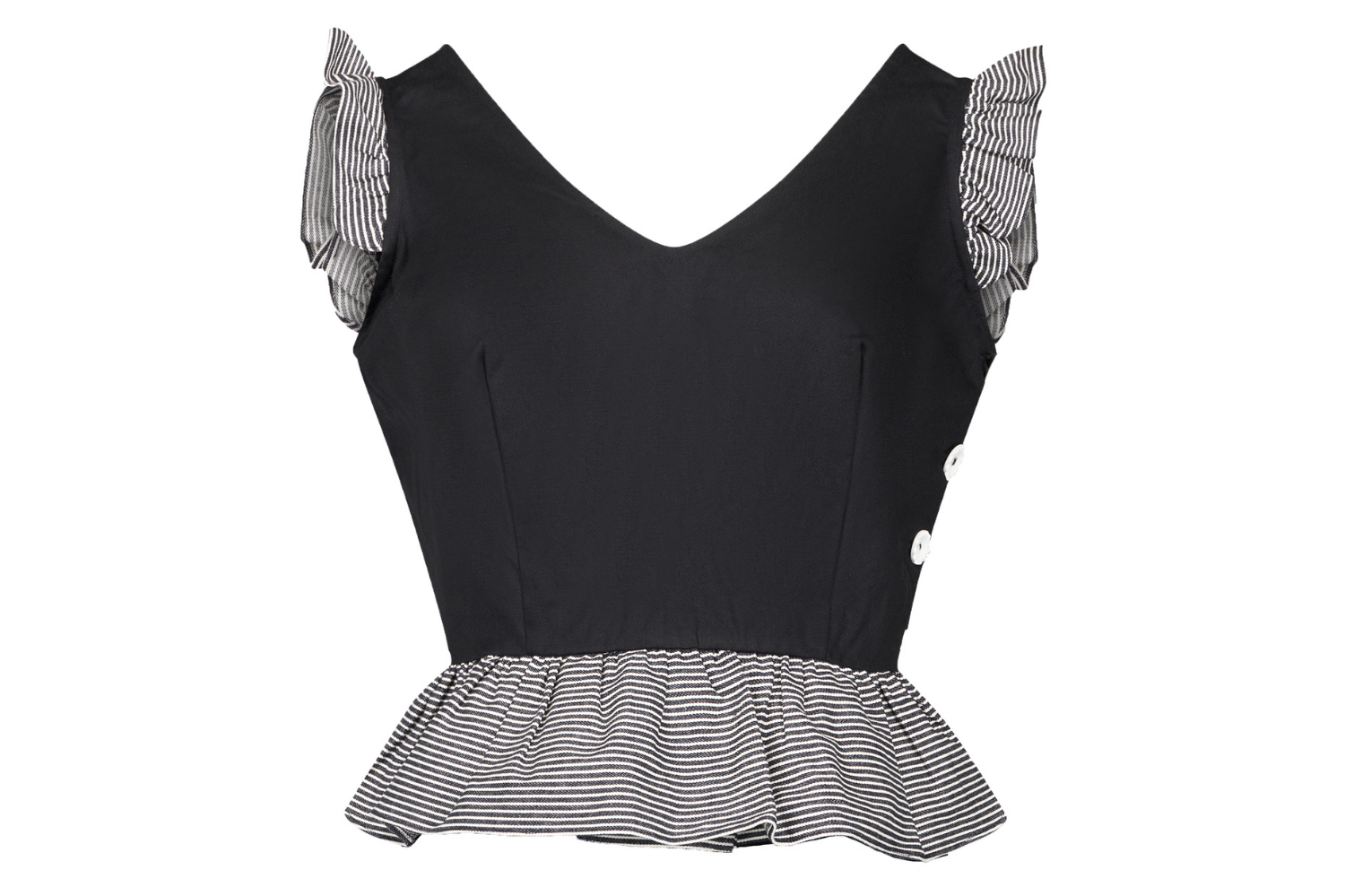 Florence Fluttering Peplum Top in Black with Stripe Detail