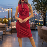 Betsy Beauty Frill Neck Halter Dress in Red Pin Spot