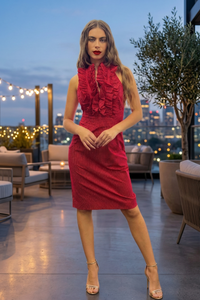 Betsy Beauty Frill Neck Halter Dress in Red Pin Spot
