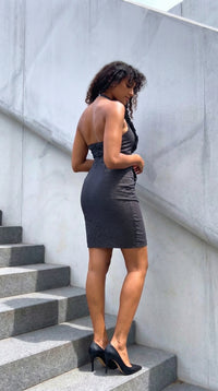 Betsy Beauty Frill Neck Halter Dress in Black Pin Spot