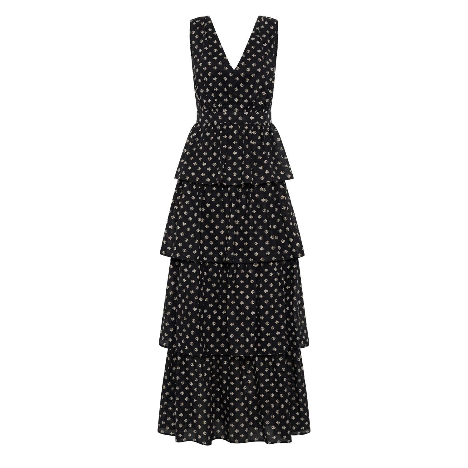 A black multi-tier maxi dress with a deep V-neckline and a four-tiered skirt, featuring a geometric stamp pattern.