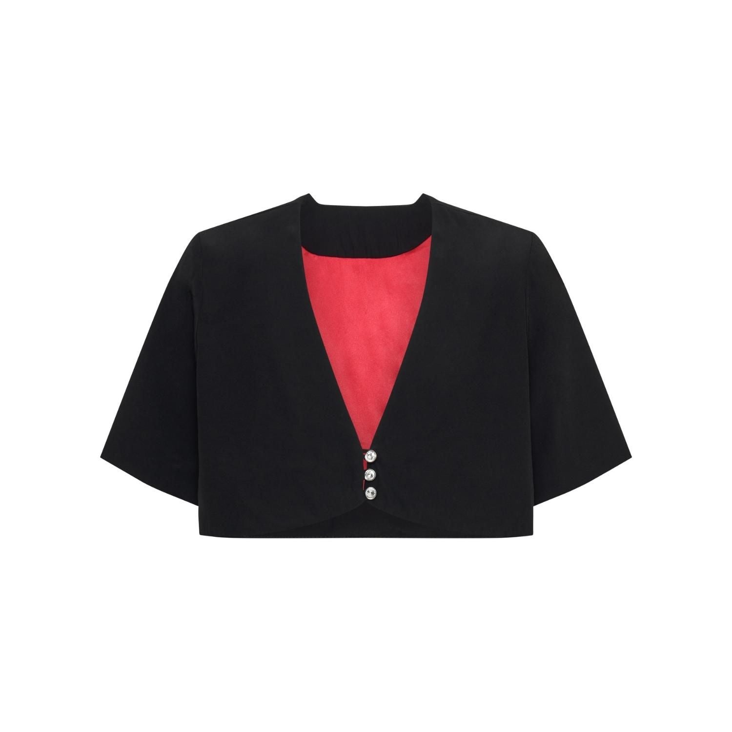 Margaret Mesmerising Bolero Jacket in Black with red lining and crystal buttons