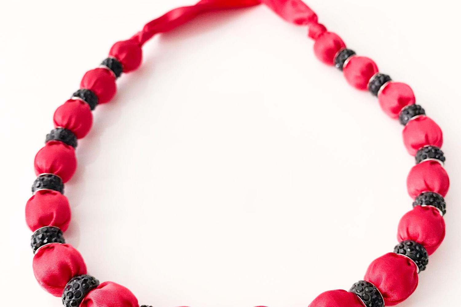 Crystal Embellished Beaded Necklace on Luxe Red Satin