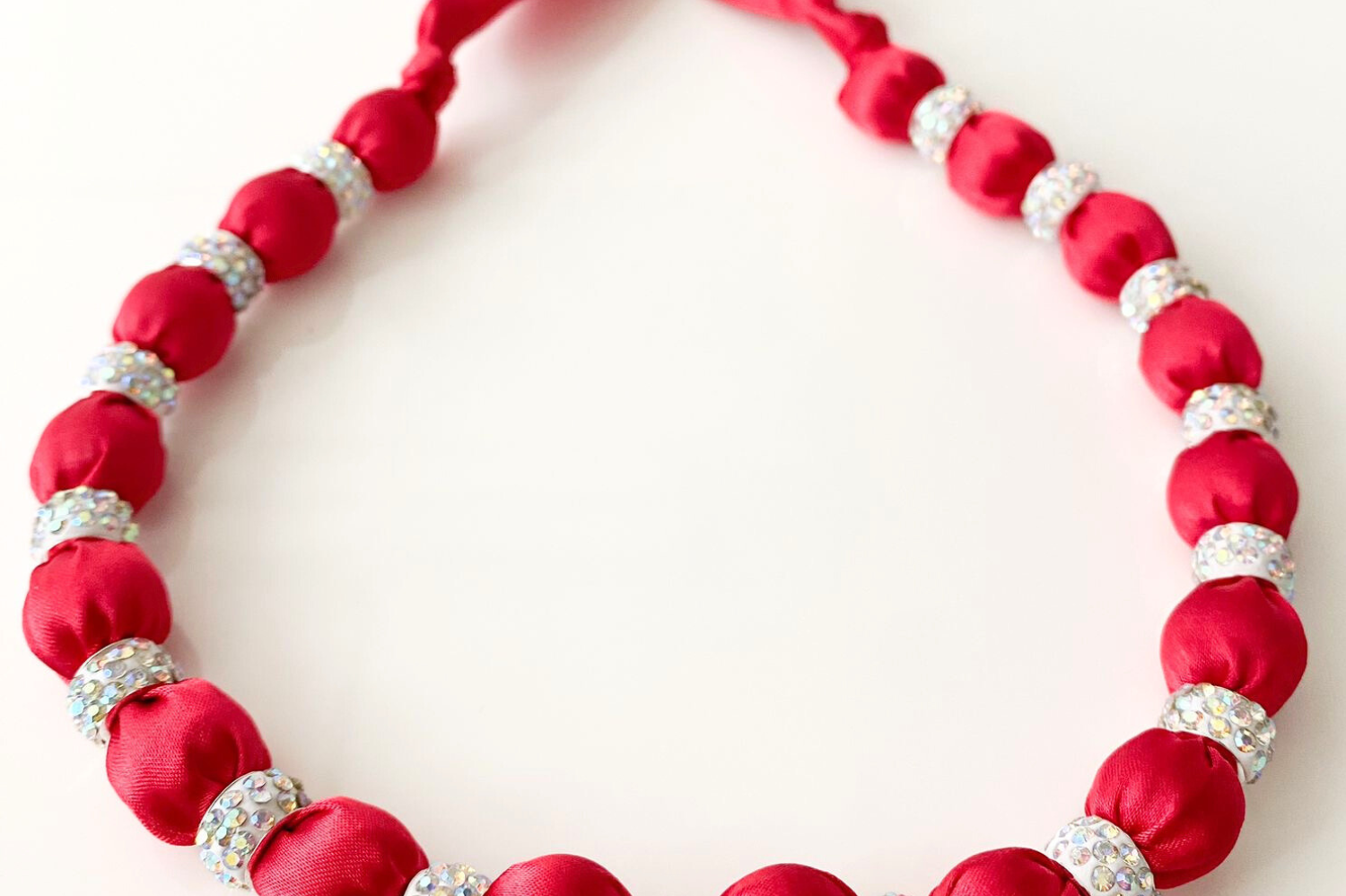 Crystal Embellished Beaded Necklace on Luxe Red Satin