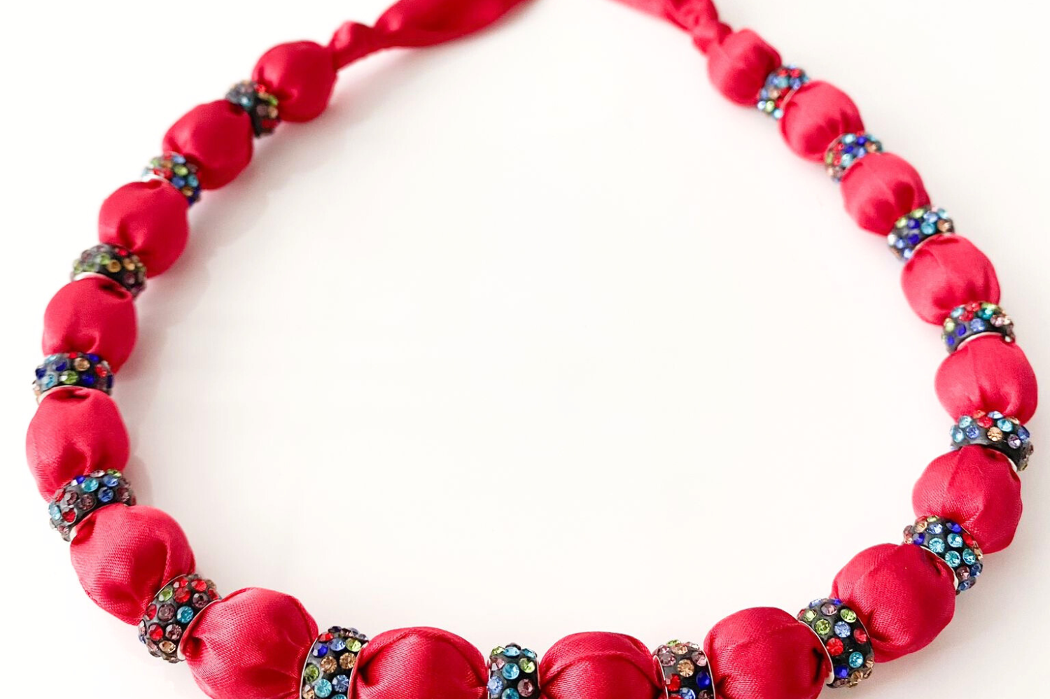 Crystal Embellished Beaded Necklace on Luxe Red Satin