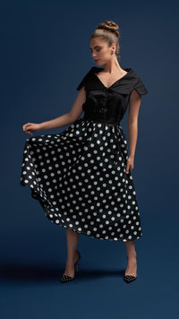 Tatiana Twirling dress with Cape Collar and Full skirt in Black & White Polka Dot