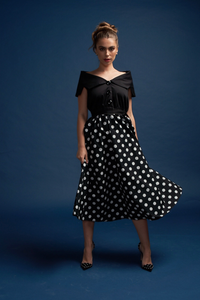 Tatiana Twirling dress with Cape Collar and Full skirt in Black & White Polka Dot