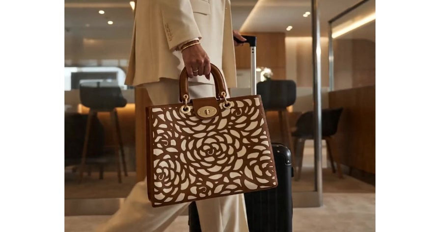 Person holding a patterned handbag in an  airport setting
