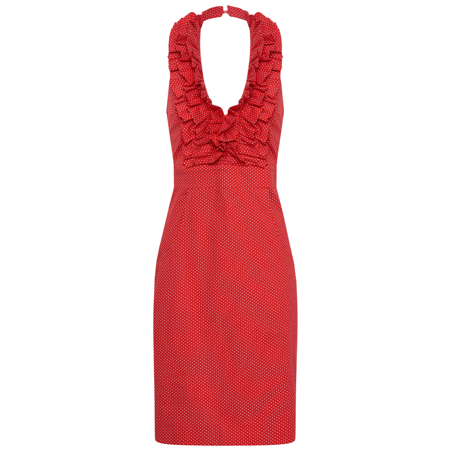Betsy Beauty Frill Neck Halter Dress in Red Pin Spot
