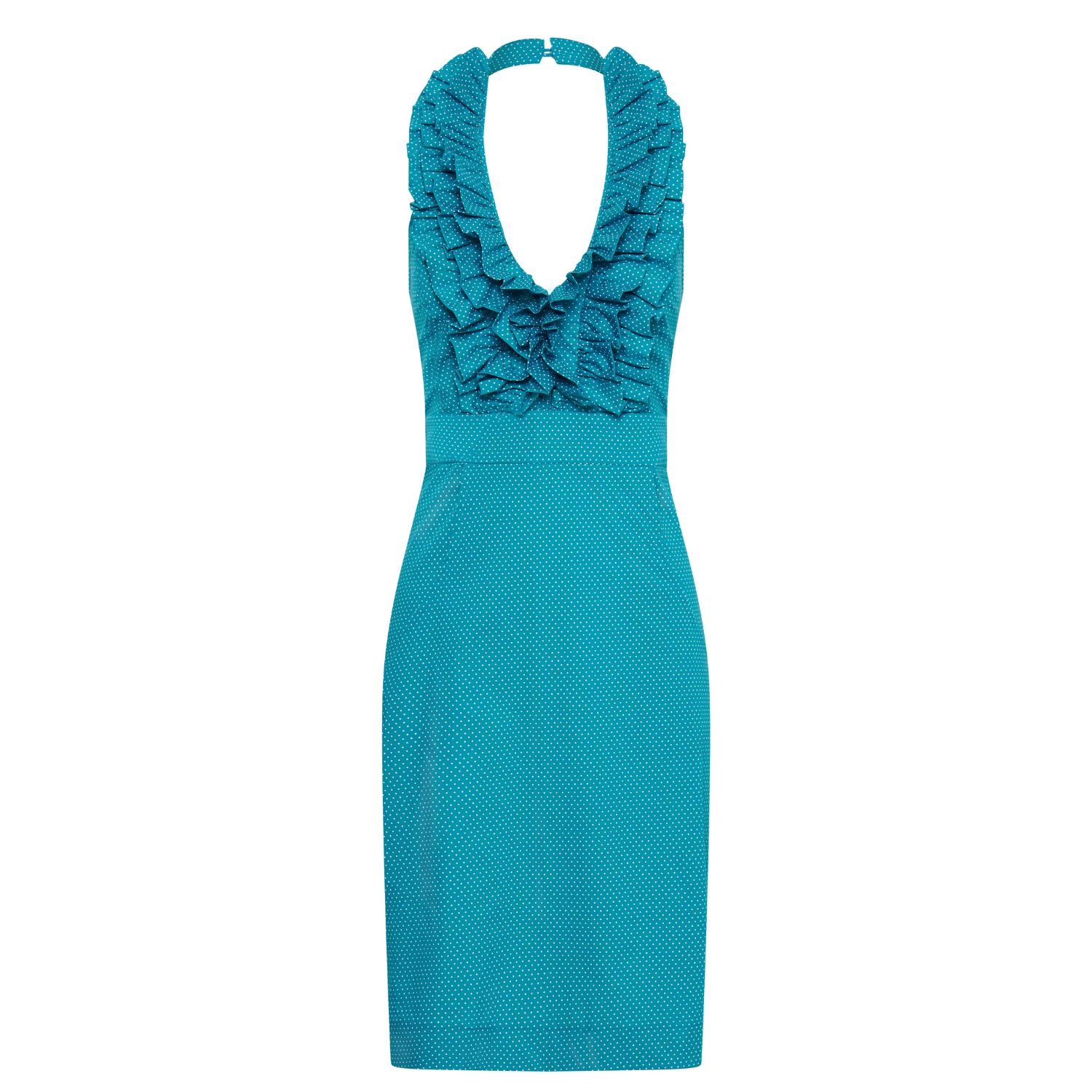 Betsy Beauty Frill Neck Halter Dress in Teal Pin Spot