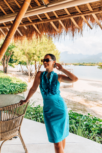 Betsy Beauty Frill Neck Halter Dress in Teal Pin Spot