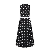 Ghost image, front view of black and white fit and flare polka dot midi dress.  Collar and belt is contrast white. 