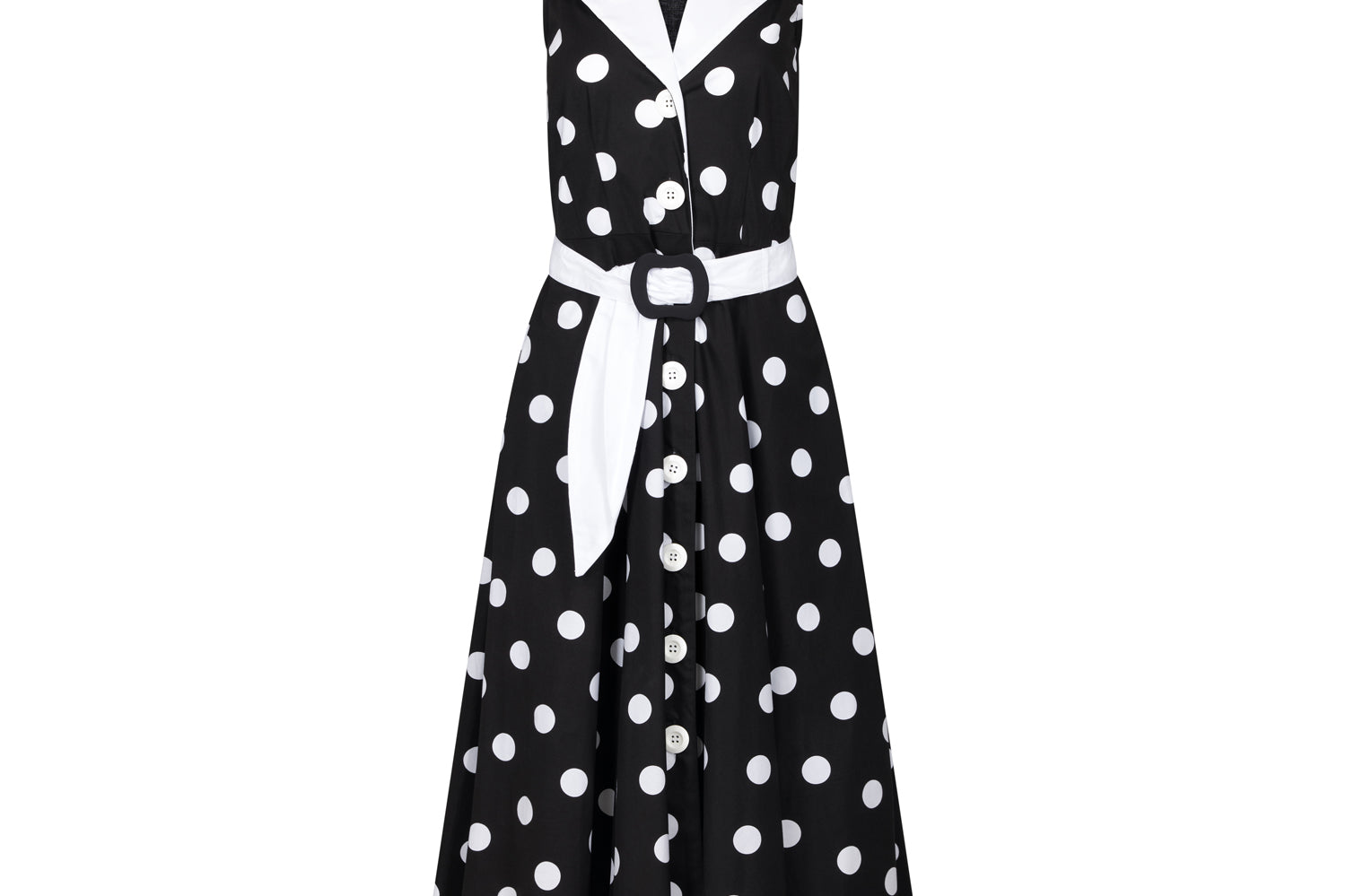 Ghost image, front view of black and white fit and flare polka dot midi dress.  Collar and belt is contrast white. 