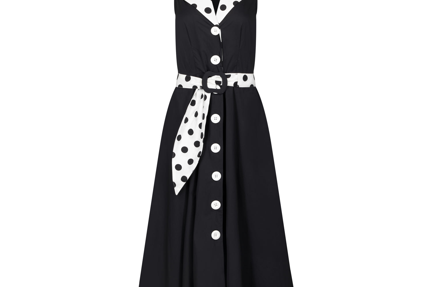 Ghost image, front view of black fit and flare polka dot midi dress.  Collar and belt is white with black polka dots and main dress is all black with white buttons on centre front. 
