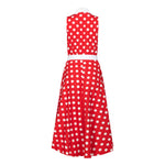 Ghost image, back view of red and white fit and flare polka dot midi dress.  Collar and belt is contrast white.