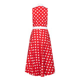 Ghost image, back view of red and white fit and flare polka dot midi dress.  Collar and belt is contrast white.