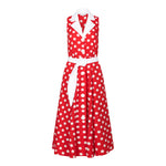 Ghost image, front view of red and white fit and flare polka dot midi dress.  Collar and belt is contrast white. 