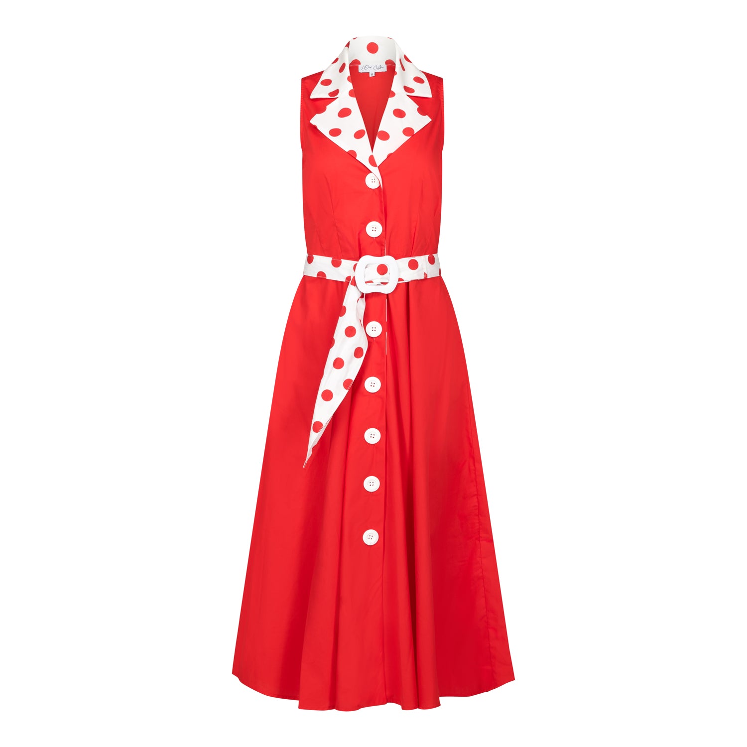 Ghost image, front view of red fit and flare polka dot midi dress.  Collar and belt is white with red polka dots and main dress is all red with white buttons on centre front. 