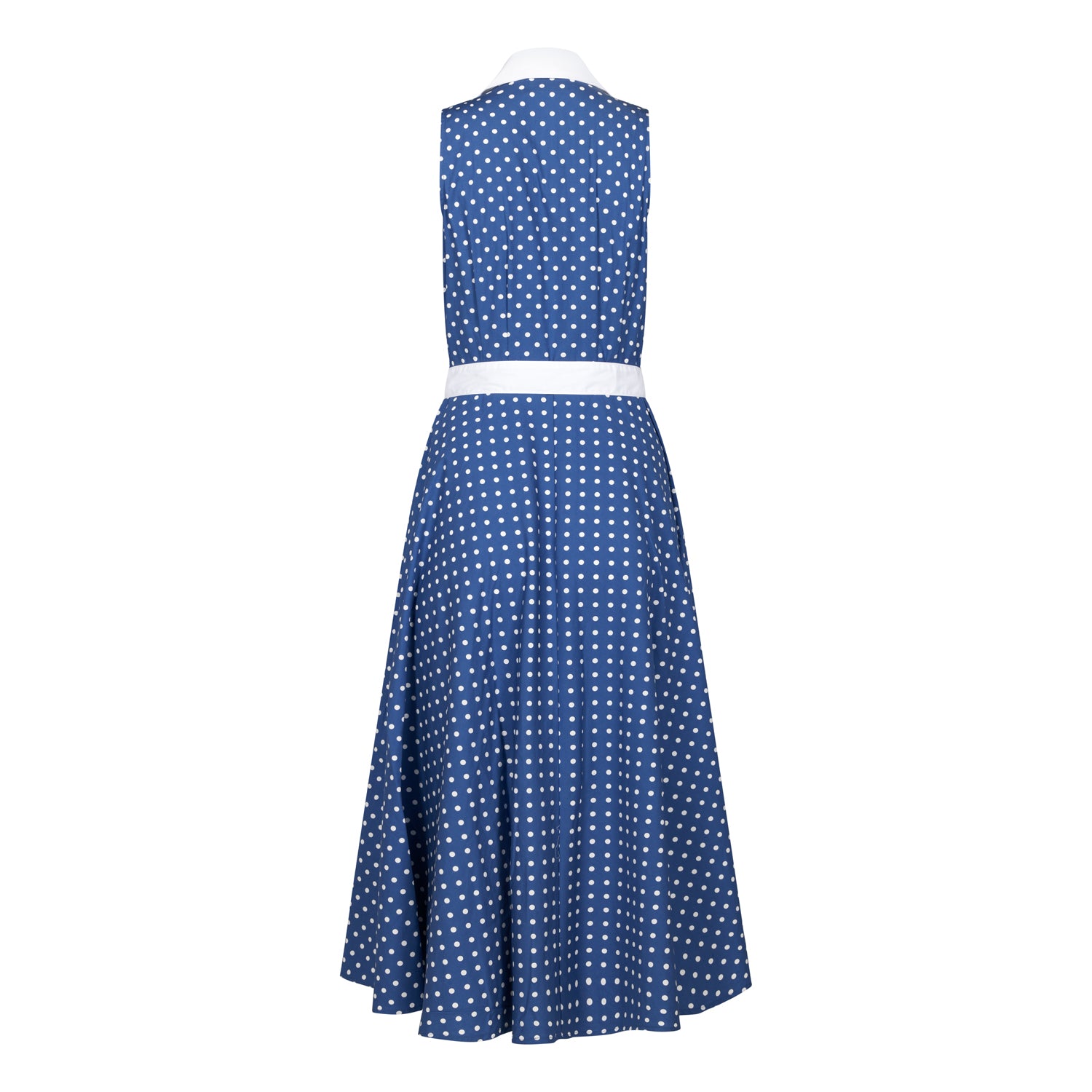 Ghost image, back view of blue and white fit and flare polka dot midi dress.  Collar and belt is contrast white. 