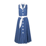 Ghost image, front view of blue and white fit and flare polka dot midi dress.  Collar and belt is contrast white. 