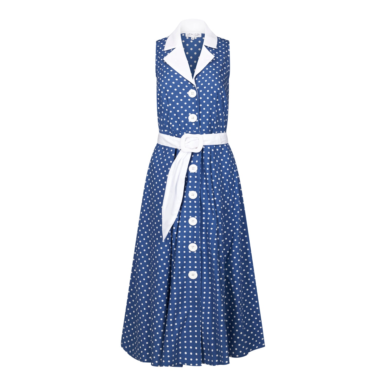 Ghost image, front view of blue and white fit and flare polka dot midi dress.  Collar and belt is contrast white. 