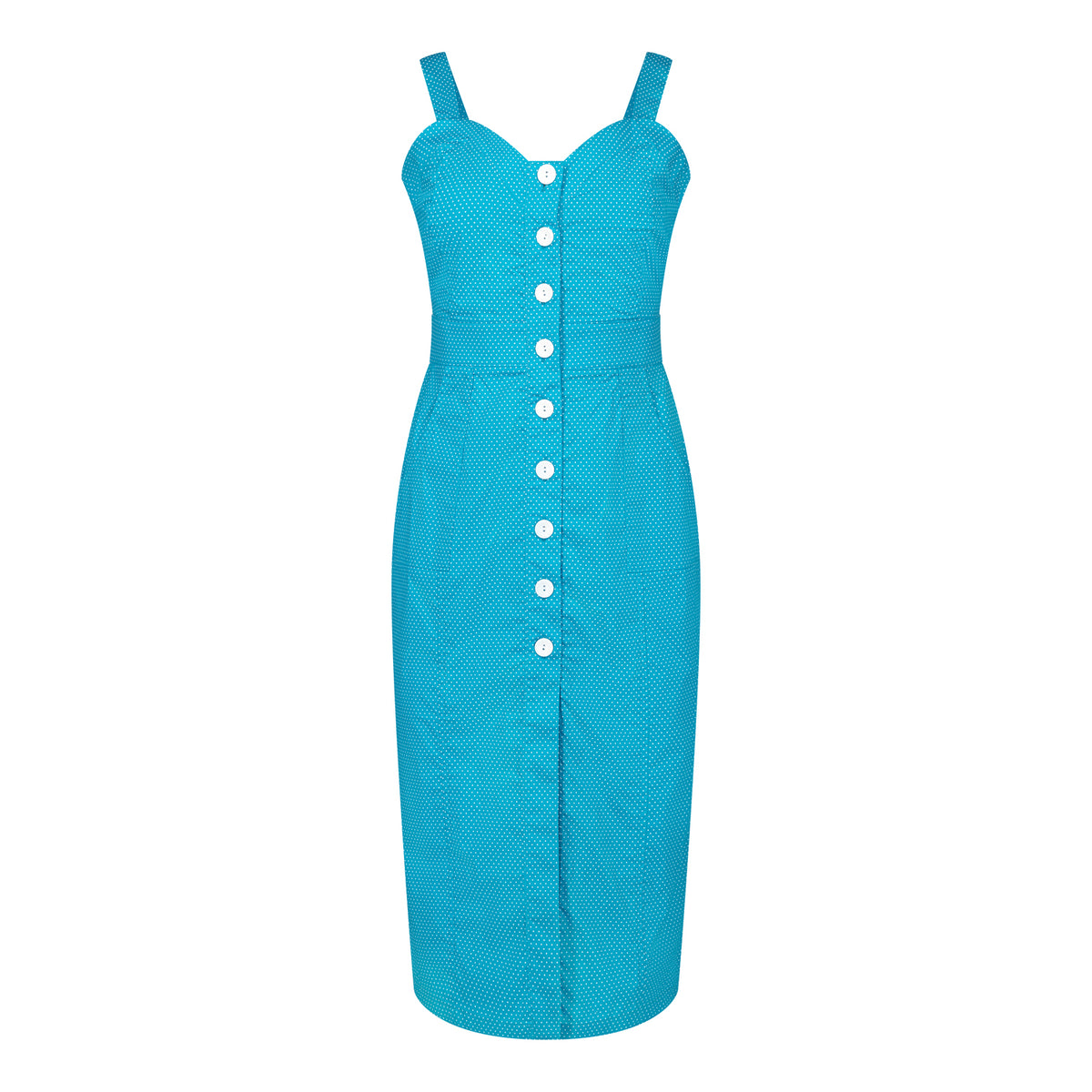 Queenie Quintessential Sweetheart High Waisted Dress in Teal Pin Spot