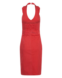 Betsy Beauty Frill Neck Halter Dress in Red Pin Spot